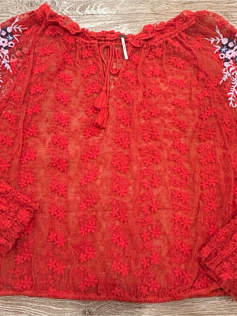 Free People Red Sheer Embroidered Tassel Peasant/Boho Top